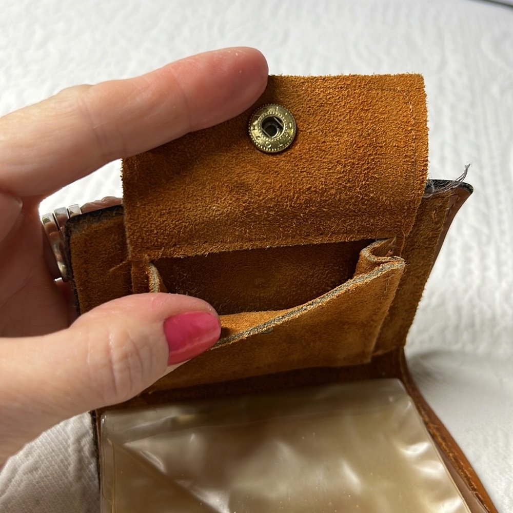 ⭐️🌸Vintage leather bifold wallet plastic picture slots coin purse boho retro - Picture 6 of 12